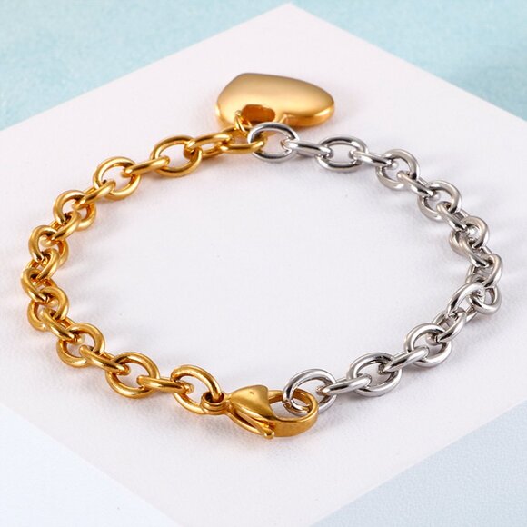 3/$35 18K Gold Plated & Silver Heart Charm Bracelet Two Tone Chain Link Jewelry - Picture 7 of 9